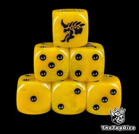 Yellow 16mm D6 dice with a black hive alien head emblem and black pips for sci-fi wargaming