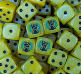 Pile of yellow laurel fist 16mm D6 dice for a sci-fi marine army