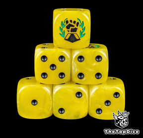 Yellow 16mm D6 dice with a black fist and green laurel emblem and black pips for sci-fi wargaming