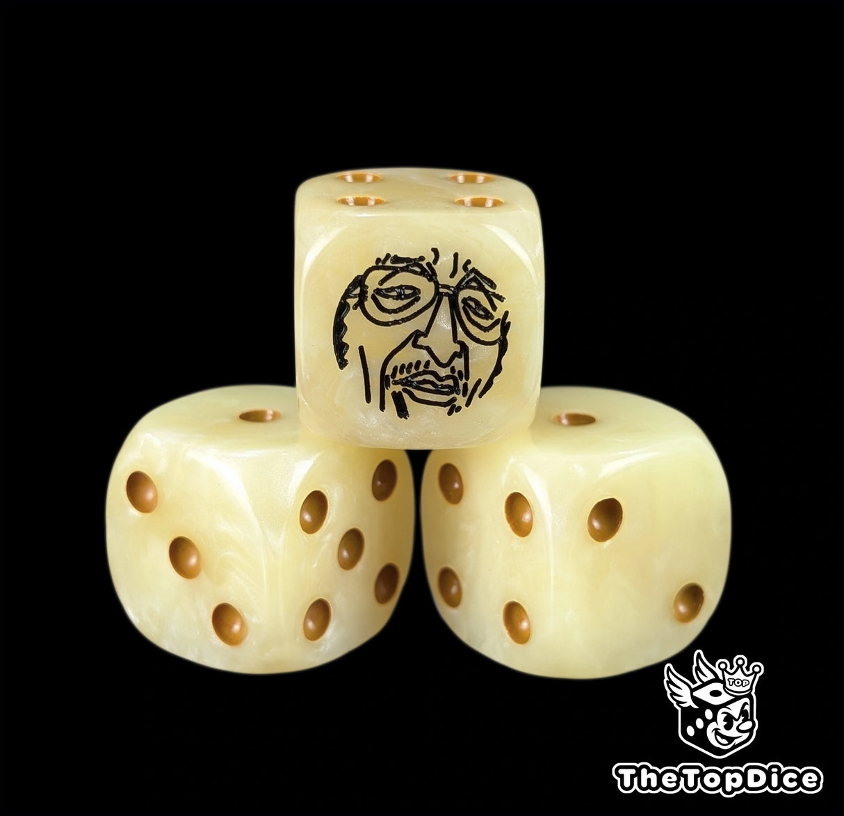Close up of a yellow 16mm resin D6 die engraved with a black admiral emblem and mustard pips