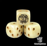 Close up of a yellow 16mm resin D6 die engraved with a black admiral emblem and mustard pips