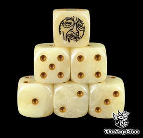Yellow 16mm D6 counter dice with a black admiral emblem and mustard pips for anime pirate TCG