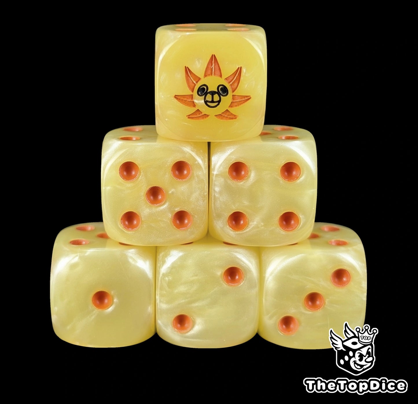Yellow 16mm D6 counter dice with a lion ship emblem and orange pips for anime pirate TCG