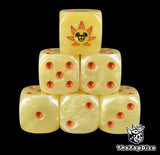 Yellow 16mm D6 counter dice with a lion ship emblem and orange pips for anime pirate TCG