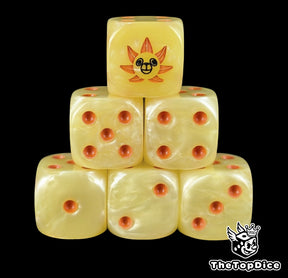 Yellow 16mm D6 counter dice with a lion ship emblem and orange pips for anime pirate TCG
