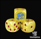 Close up of a yellow 16mm resin D6 die engraved with a blue mask emblem and red pips