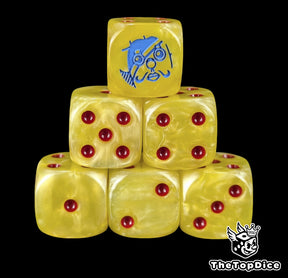 Yellow 16mm D6 counter dice with a blue mask emblem and red pips for anime pirate TCG