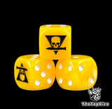 Three yellow kill team dice with a black skull over a knife