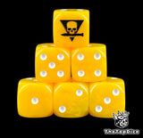 Six bright yellow Kill Team D6 stacked, white pips, skull and knife