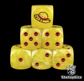 Yellow 16mm D6 counter dice with a black straw hat emblem and red pips for anime pirate TCG