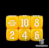 Two rows of three yellow artillery dice showing 2, 4, 6, 8, 10 and MISFIRE