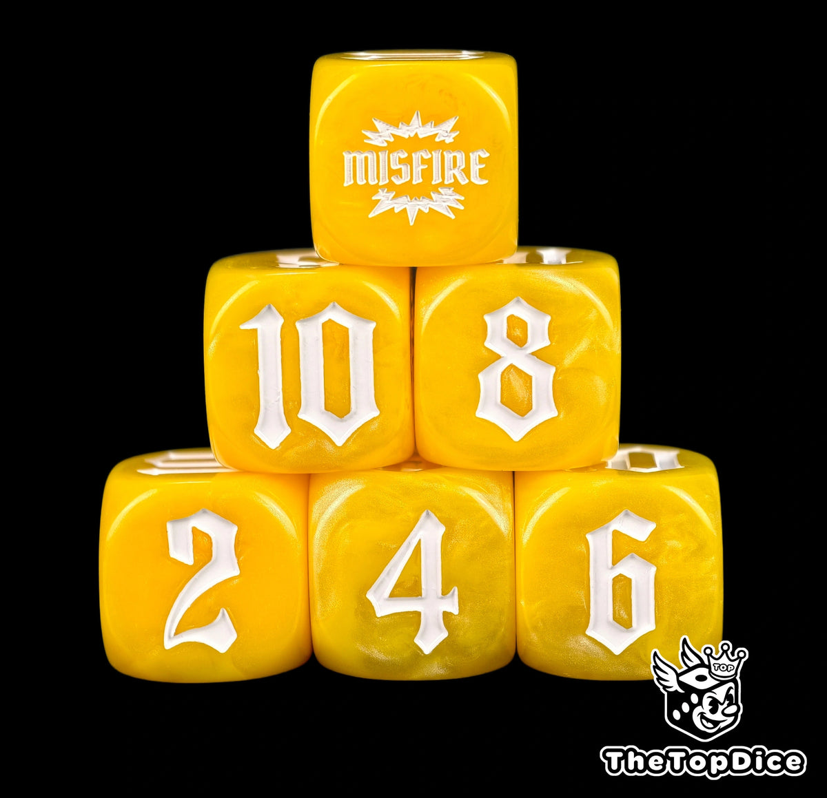 Bright yellow artillery dice stacked six deep, white numerals under a white MISFIRE