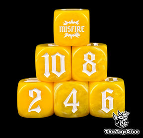 Bright yellow artillery dice stacked six deep, white numerals under a white MISFIRE